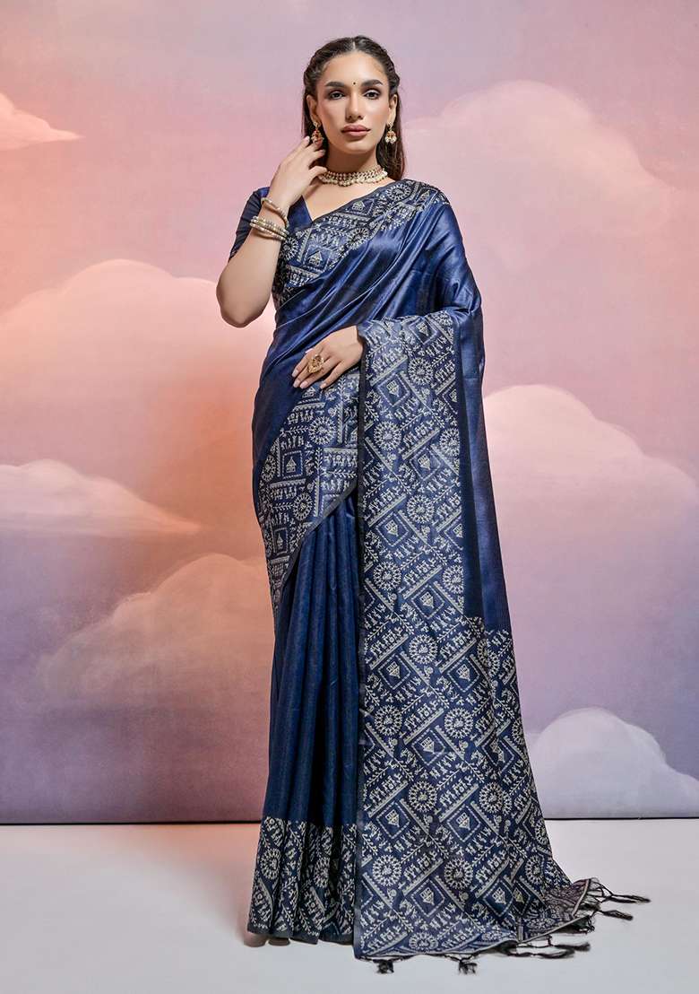 Blue Embroidered Silk Blend Saree Set - Indya