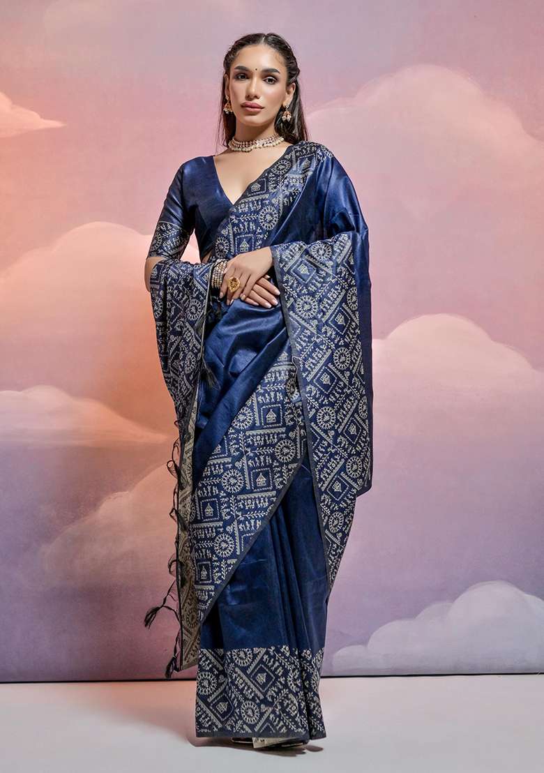 Blue Embroidered Silk Blend Saree Set - Indya