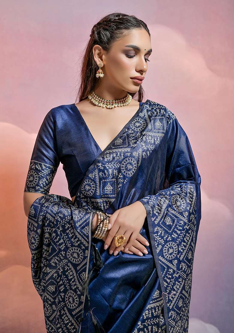 Blue Embroidered Silk Blend Saree Set - Indya