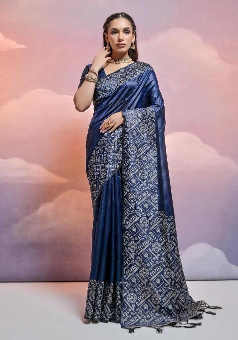 Blue Embroidered Silk Saree Set
