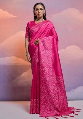 Magenta Embroidered Silk Saree Set