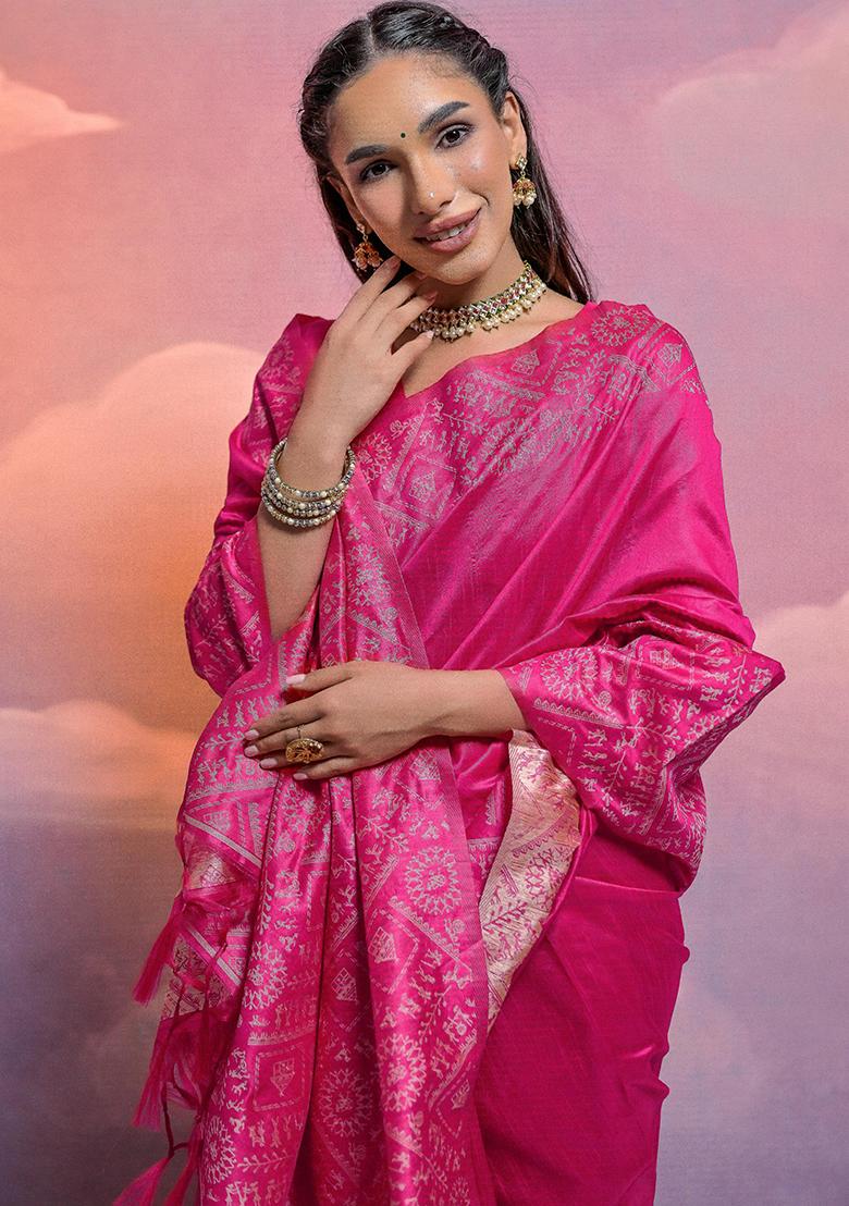 Magenta Embroidered Silk Saree Set