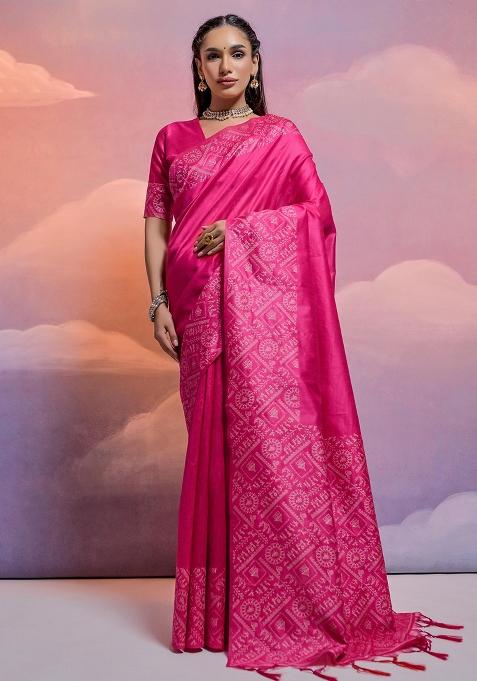 Magenta Embroidered Silk Saree Set