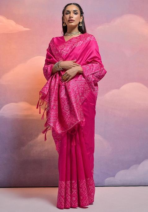 Magenta Embroidered Silk Saree Set