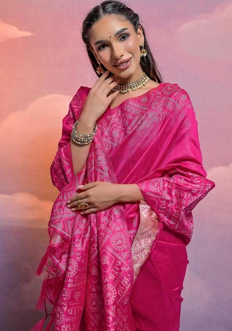 Magenta Embroidered Silk Saree Set