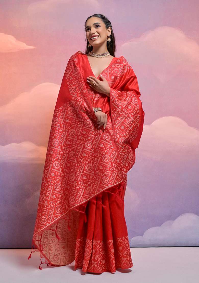 Red Embroidered Silk Blend Saree Set - Indya
