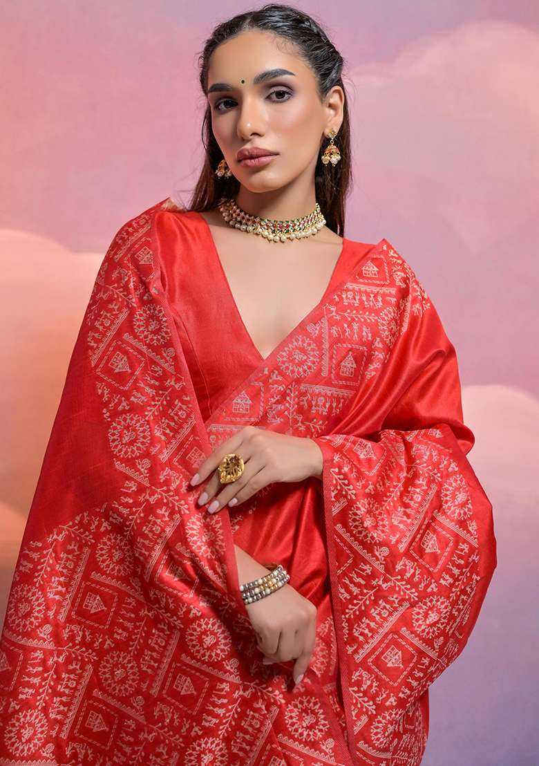 Red Embroidered Silk Blend Saree Set - Indya