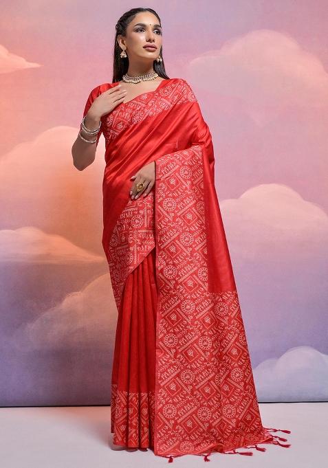 Red Embroidered Silk Saree Set