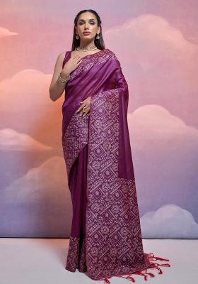 Wine Embroidered Silk Saree Set