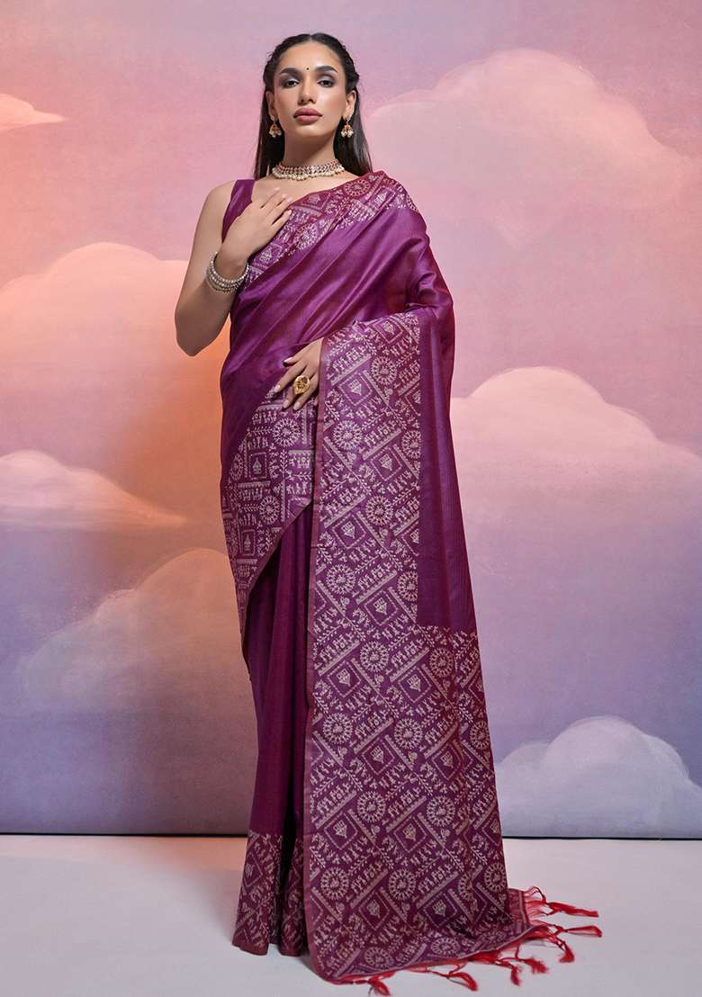 Wine Embroidered Silk Blend Saree Set - Indya