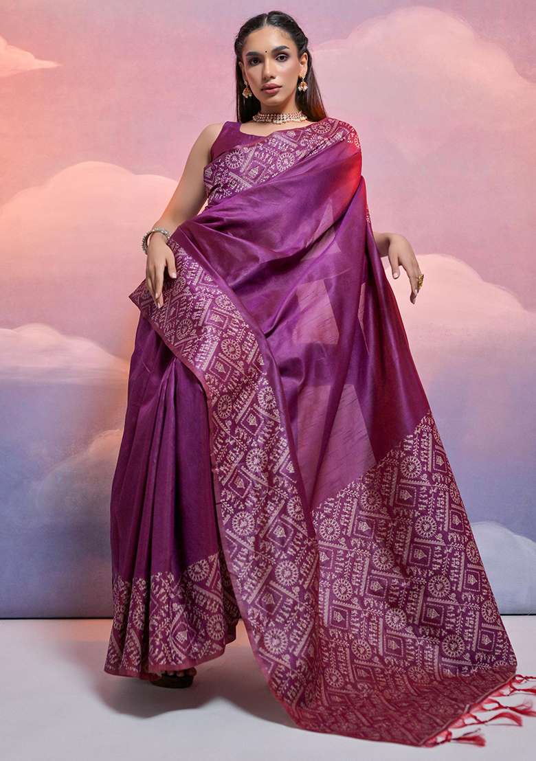 Wine Embroidered Silk Blend Saree Set - Indya