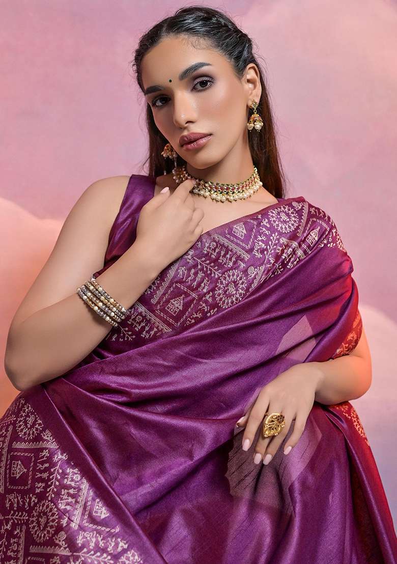 Wine Embroidered Silk Blend Saree Set - Indya