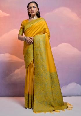 Yellow Embroidered Silk Saree Set