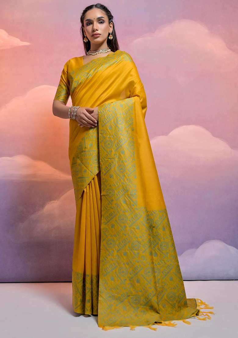 Yellow Embroidered Silk Blend Saree Set - Indya