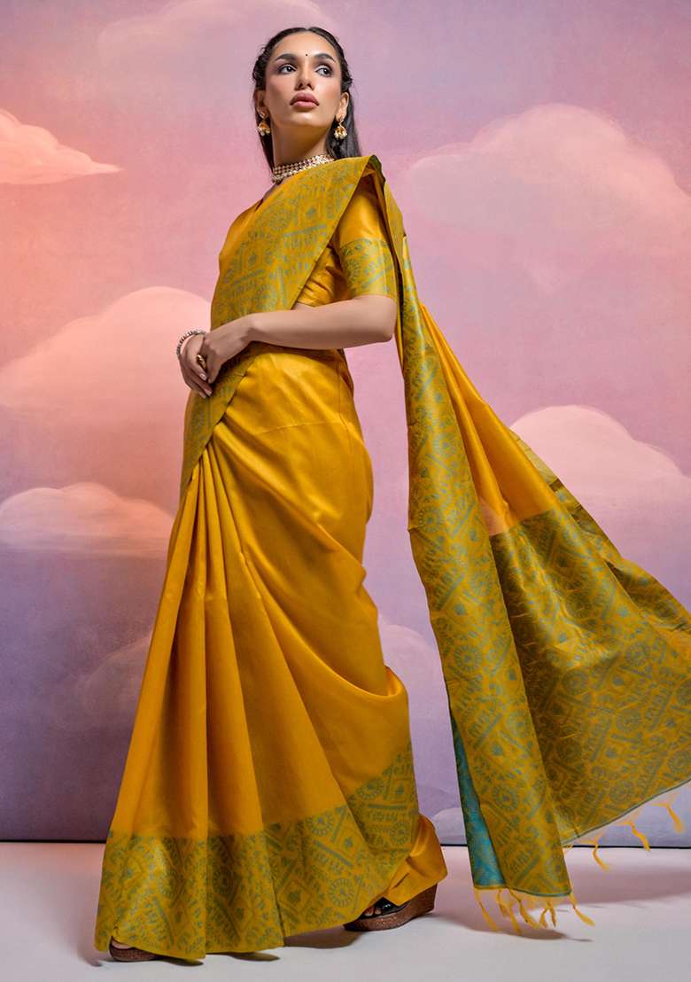 Yellow Embroidered Silk Blend Saree Set - Indya