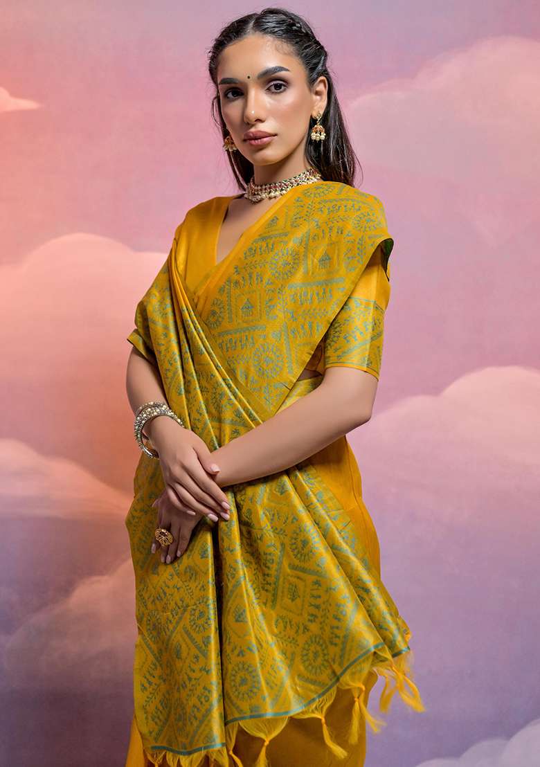 Yellow Embroidered Silk Blend Saree Set - Indya