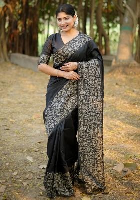 Black Embroidered Silk Saree Set