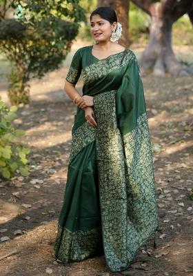 Green Embroidered Silk Saree Set