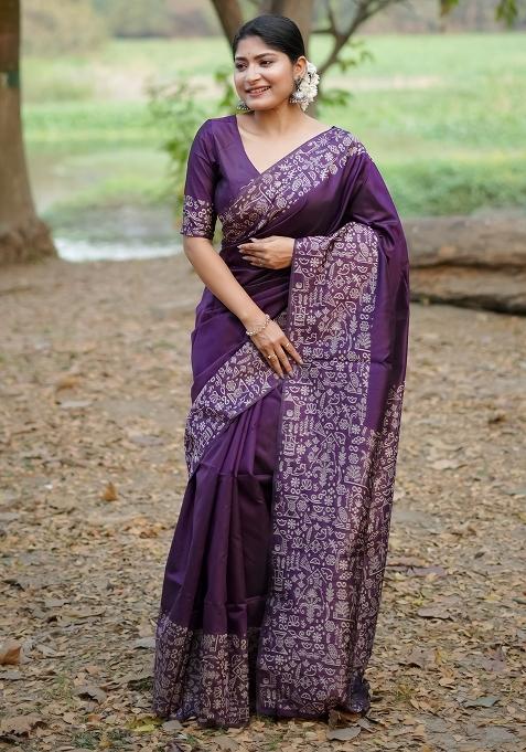 Purple Embroidered Silk Saree Set