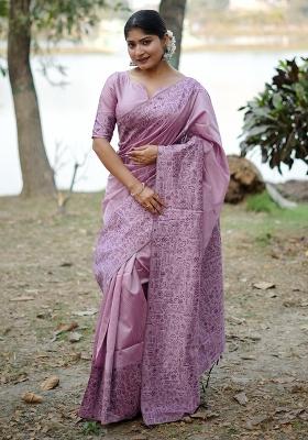 Lavender Embroidered Silk Saree Set