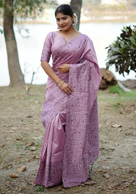 Lavender Embroidered Silk Saree Set