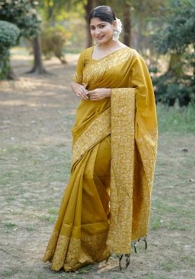Mustard Embroidered Silk Saree Set