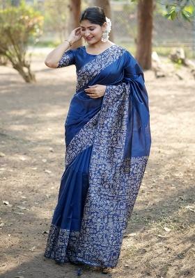 Blue Embroidered Silk Saree Set