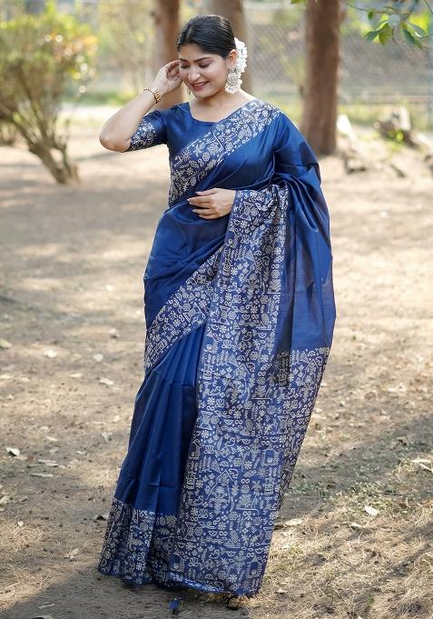 Blue Embroidered Silk Saree Set