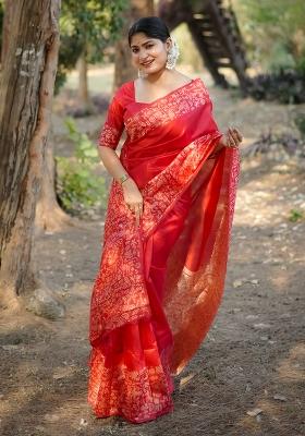 Red Embroidered Silk Saree Set