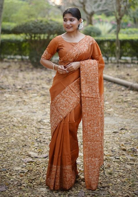 Copper Embroidered Silk Saree Set
