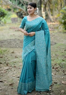 Aqua Embroidered Silk Saree Set