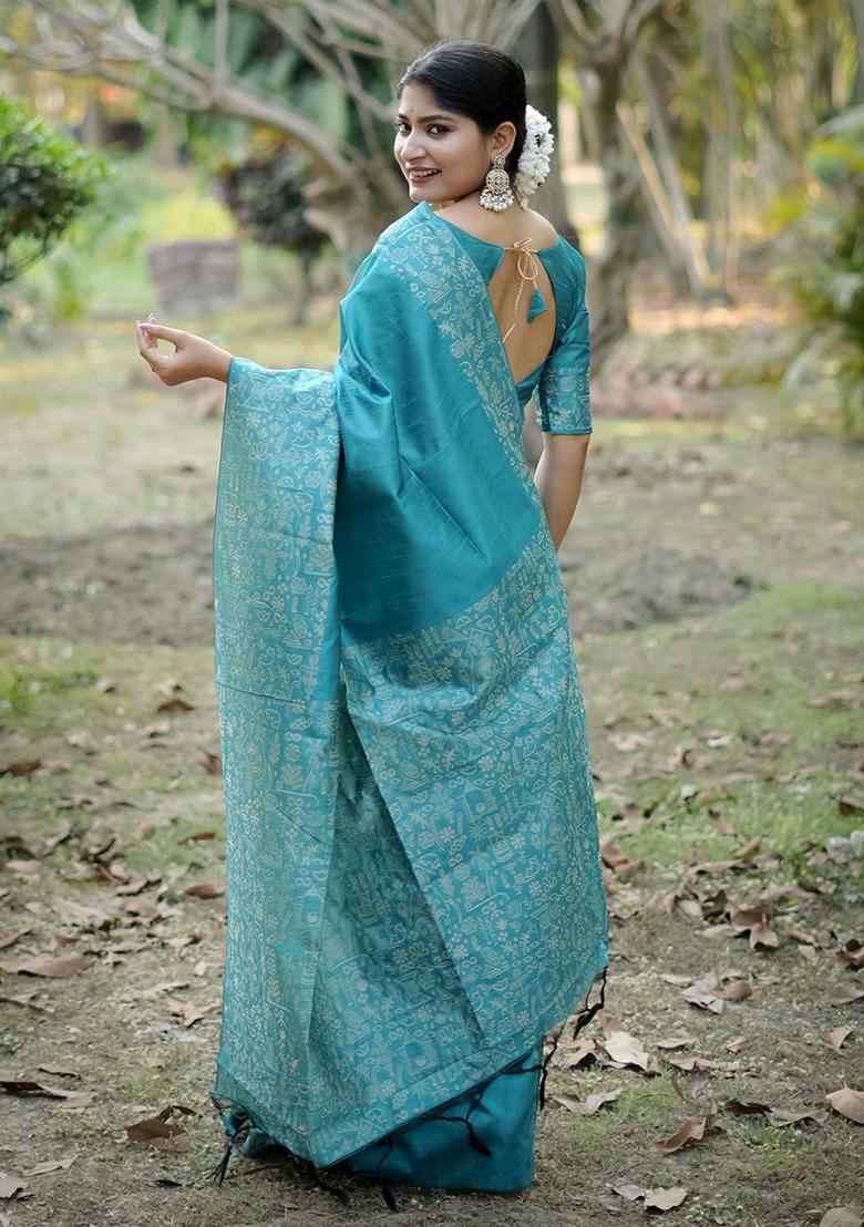 Aqua Embroidered Silk Saree Set - Indya