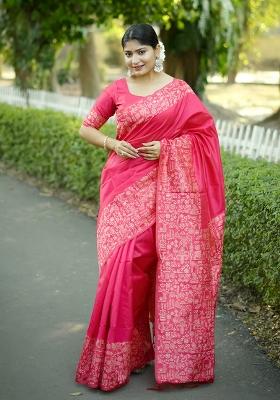 Magenta Embroidered Silk Saree Set