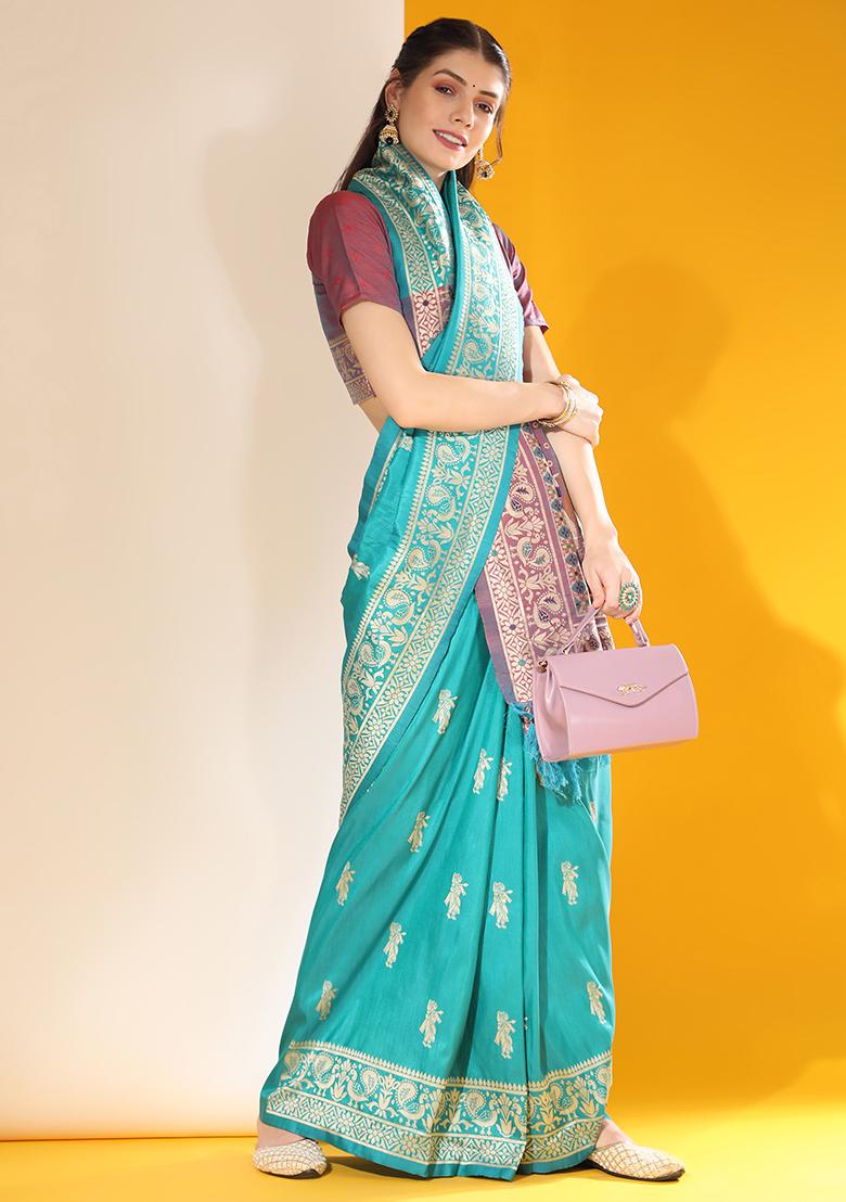 Aqua Embroidered Silk Saree Set - Indya