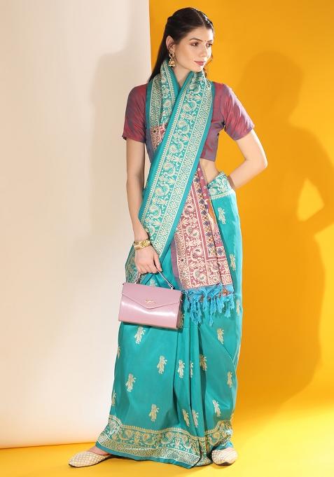 Aqua Embroidered Silk Saree Set