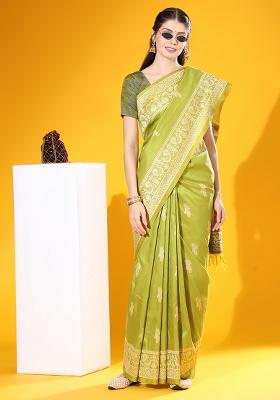 Pista Embroidered Silk Saree Set