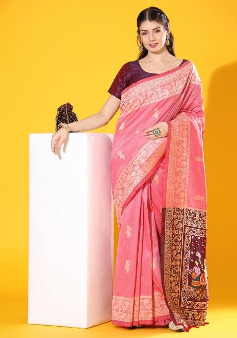 Pink Embroidered Silk Saree Set