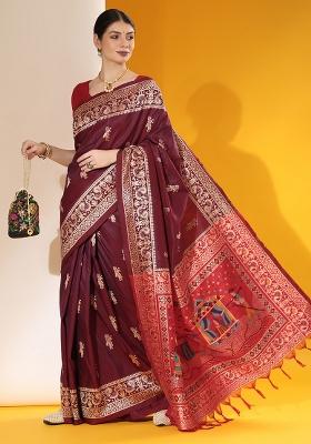 Maroon Embroidered Silk Saree Set