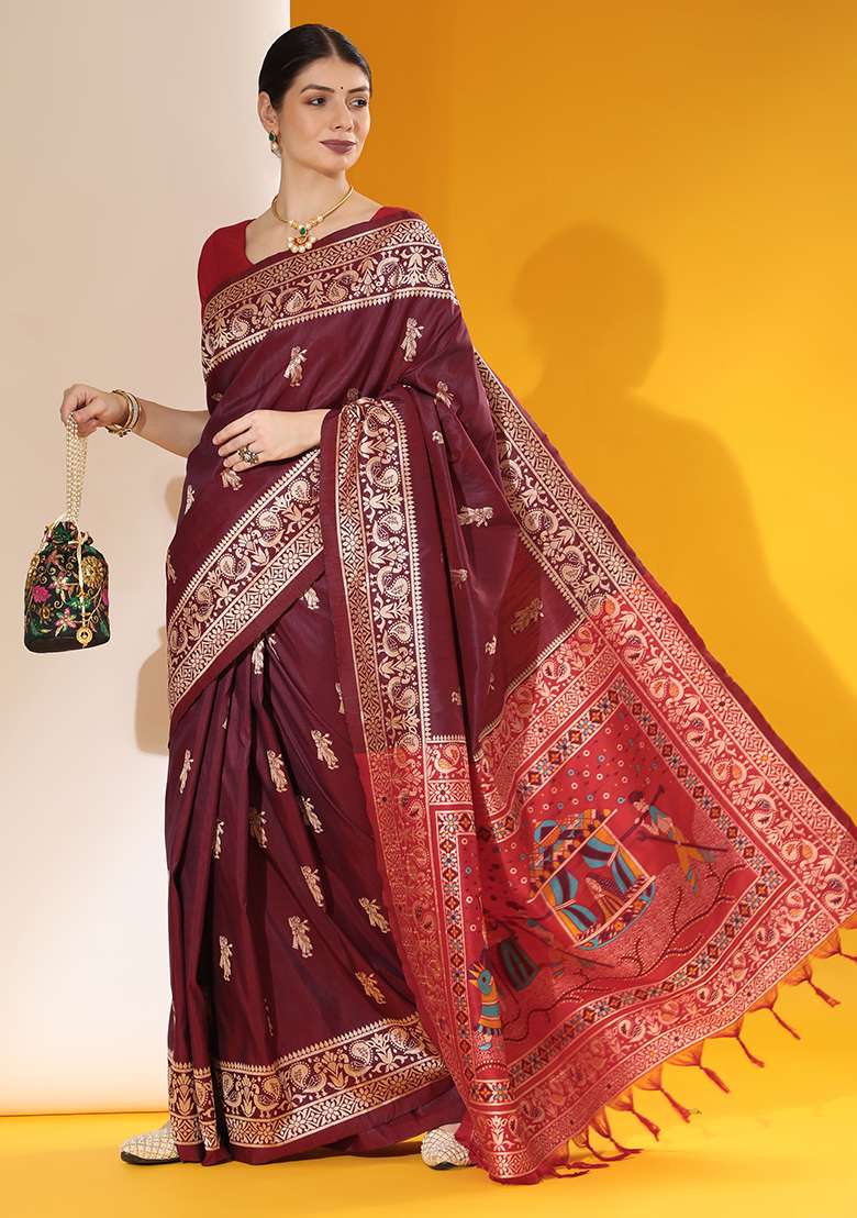 Maroon Embroidered Silk Blend Saree Set - Indya