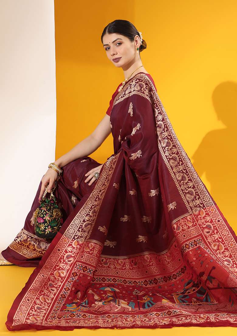 Maroon Embroidered Silk Blend Saree Set - Indya