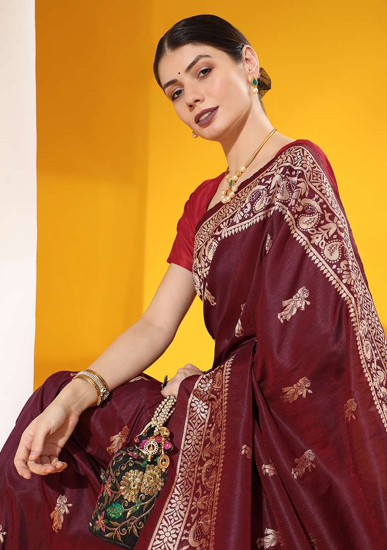 Maroon Embroidered Silk Blend Saree Set - Indya