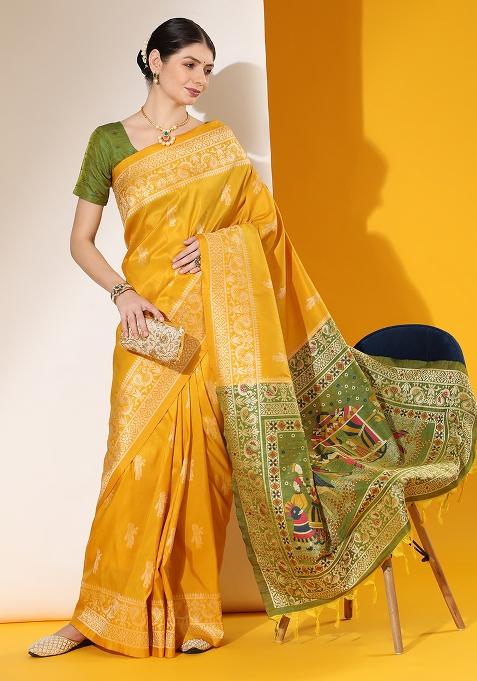 Yellow Embroidered Silk Saree Set
