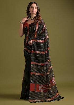 Black Embroidered Cotton Saree Set