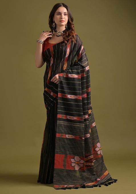 Black Embroidered Cotton Saree Set