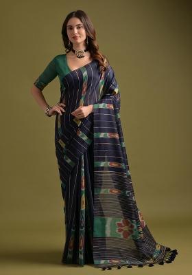 Blue Embroidered Cotton Saree Set