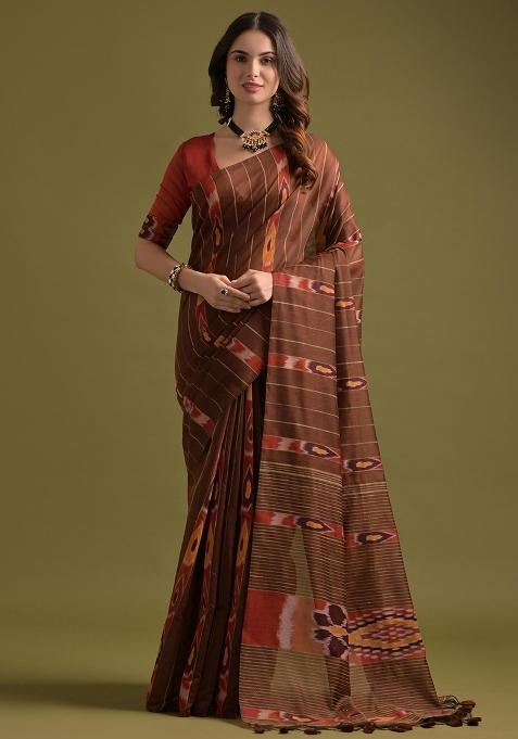 Coffee Embroidered Cotton Saree Set