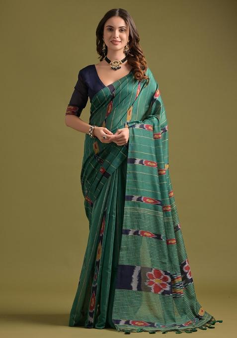 Rama Embroidered Cotton Saree Set
