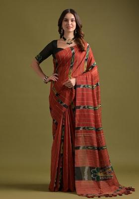 Red Embroidered Cotton Saree Set