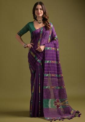 Wine Embroidered Cotton Saree Set
