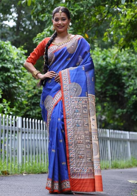 Blue Embroidered Silk Saree Set